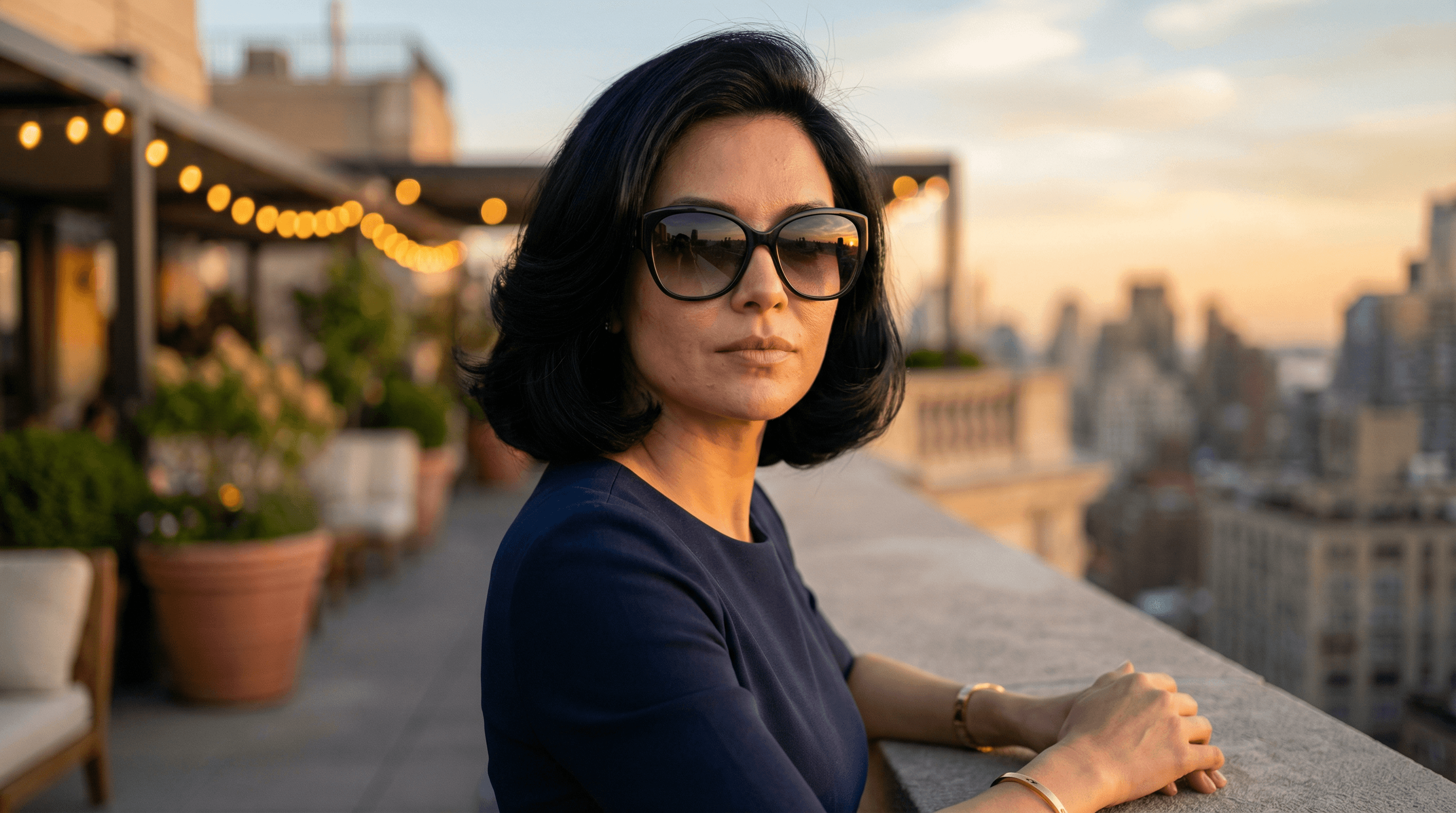 Kadın terasta güneş gözlüğü